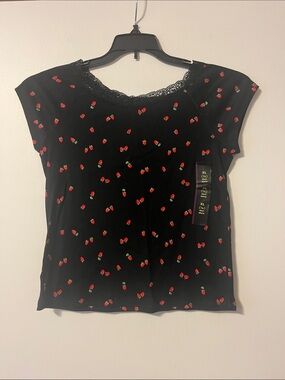 Art Class Black Tee with Red Strawberry Print and Lace Neckline